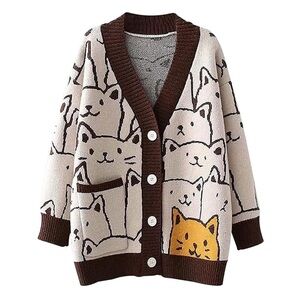 🐈NEW Soft Cat Cable Knit Cardigan Sweater Brown Beige Cute Kitty Print Kawaii